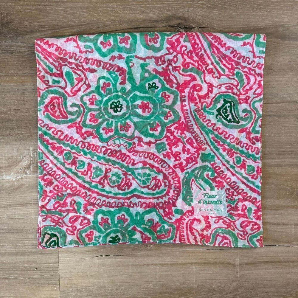 Vintage 90s Givenchy Fleur d'Interdit Silk Scarf Pink Green White Print Designer
